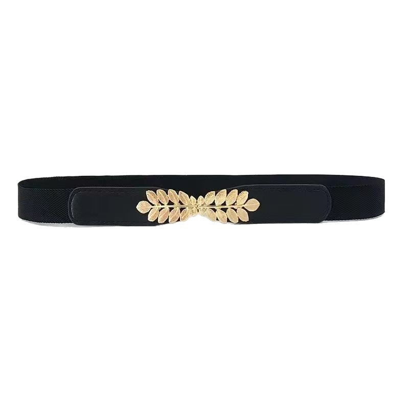 Pojas za haljinu s kopčom u obliku lista, elastični struk, PU koža, materijal kopče: legura, zatvaranje kopčom, širina 2–4 cm, obrada: koža-plastik