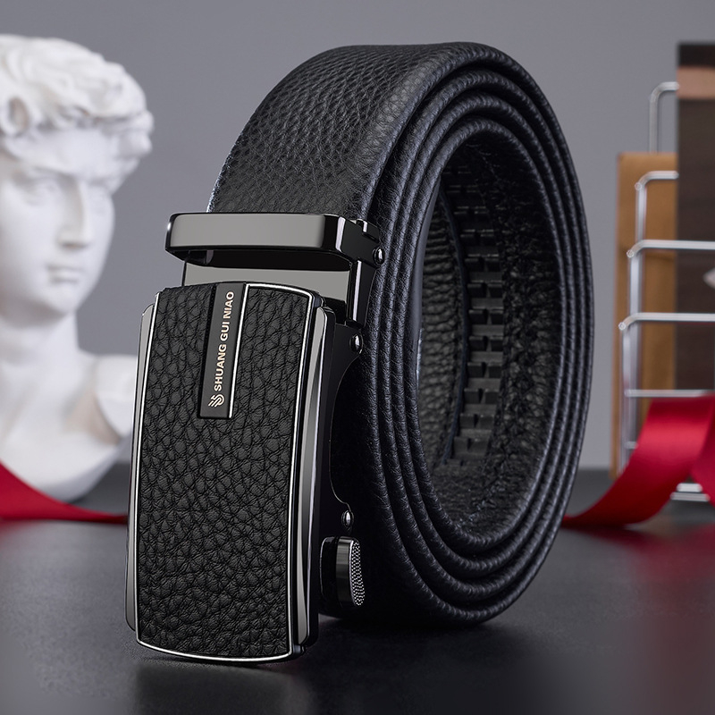 Férfi bőr öv üzleti és hétköznapi viseletre automata csattal (Első réteg marha bőre; Csattanyag: ötvözet; Szélesség: 2–4 cm; Márka: Double Precious Bird)