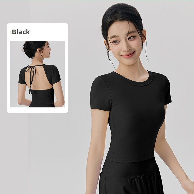 Sieviešu jogas tops ar iekšējiem krūšu spilventiem, īsām piedurknēm, cieši pieguļošs, divpusēji izbrūzēts audums, 78% neilons, 22% spandekss