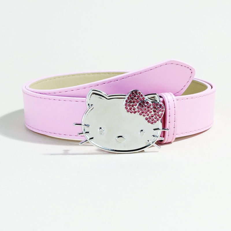 Hello Kitty ružičasti Y2K kaiš s glavom mačke i dijamantima, za traperice, širina 3,3 cm, duljina 105 cm