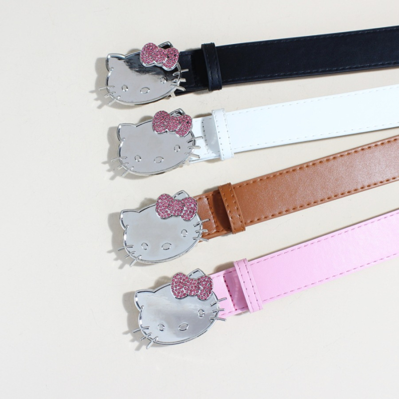 Hello Kitty ružičasti Y2K kaiš s glavom mačke i dijamantima, za traperice, širina 3,3 cm, duljina 105 cm