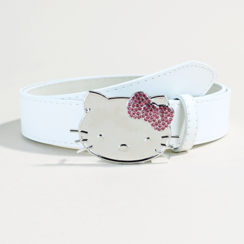 Hello Kitty ružičasti Y2K kaiš s glavom mačke i dijamantima, za traperice, širina 3,3 cm, duljina 105 cm