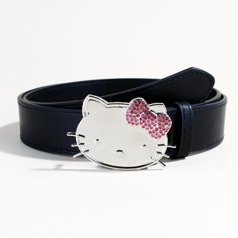 Hello Kitty ružičasti Y2K kaiš s glavom mačke i dijamantima, za traperice, širina 3,3 cm, duljina 105 cm