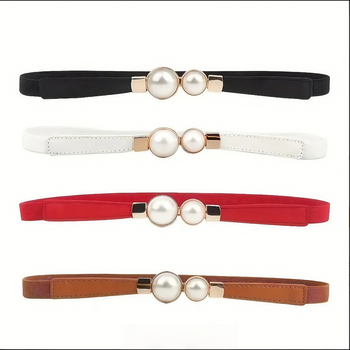 Ženska haljina od PU kože sa tankim pojasom i bisernom ukrasom (Materijal: PU koža; Spona pojasa: legura; Zatvaranje: pin kopča; Širina pojasa: tanak (<2 cm); Bisernа dekoracija)