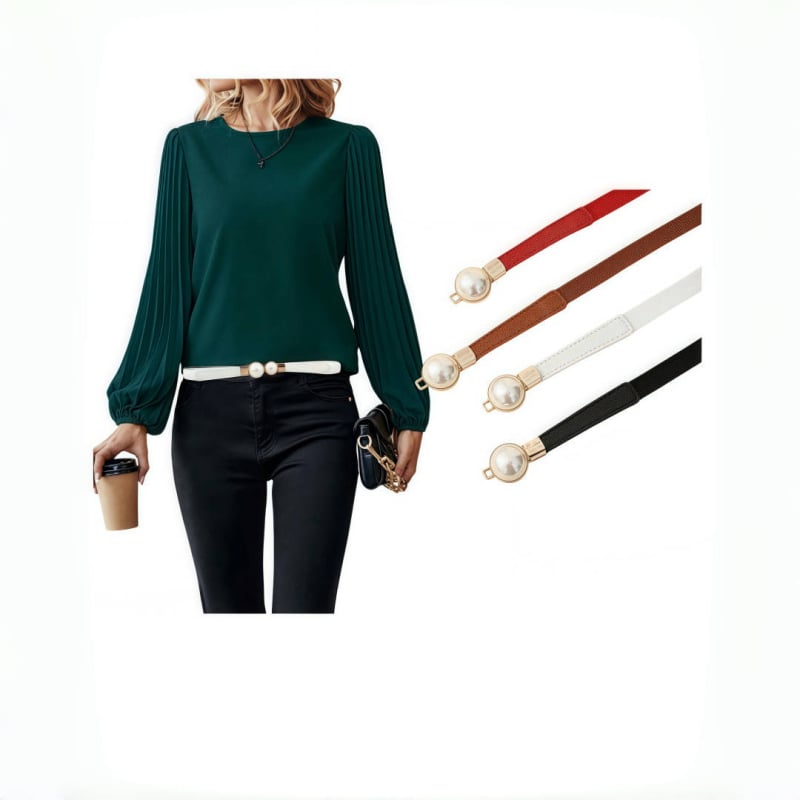 Ženska haljina od PU kože sa tankim pojasom i bisernom ukrasom (Materijal: PU koža; Spona pojasa: legura; Zatvaranje: pin kopča; Širina pojasa: tanak (<2 cm); Bisernа dekoracija)