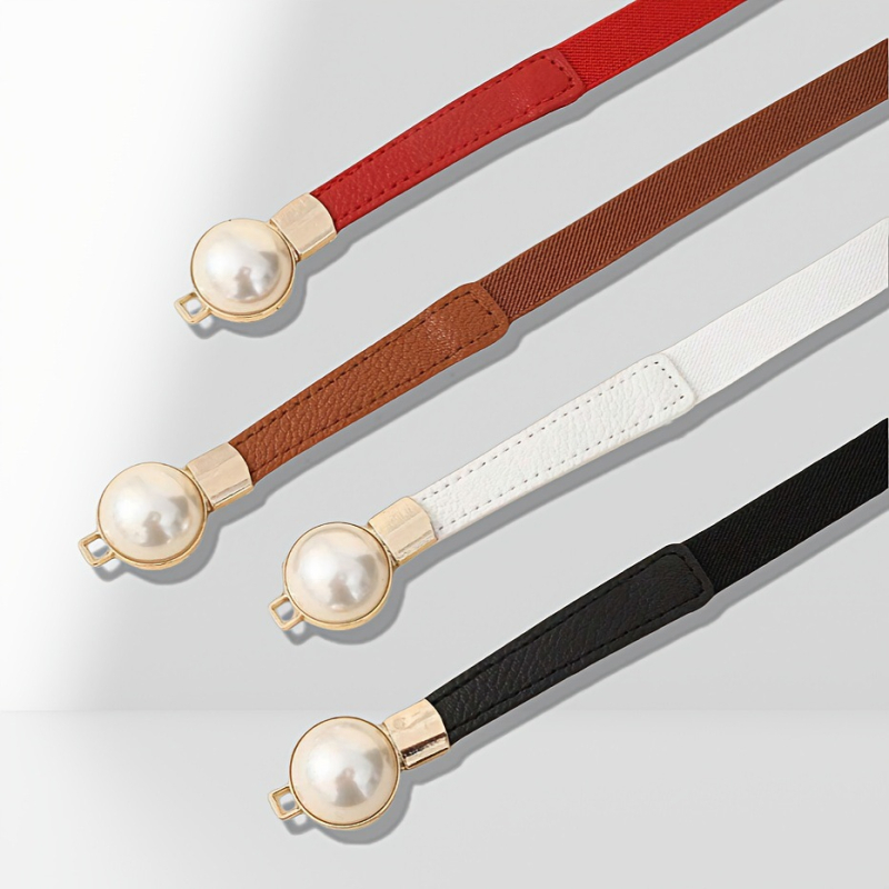 Ženska haljina od PU kože sa tankim pojasom i bisernom ukrasom (Materijal: PU koža; Spona pojasa: legura; Zatvaranje: pin kopča; Širina pojasa: tanak (<2 cm); Bisernа dekoracija)