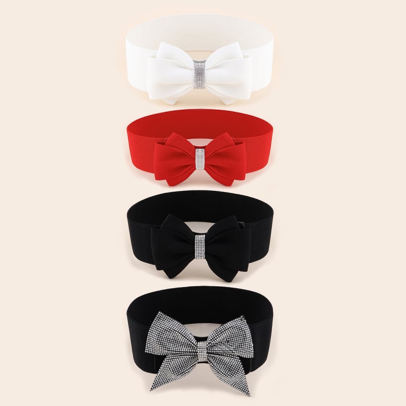 Centură de talie elastică cu fundă și cristale, material tricotat, stil lejer, design coreean