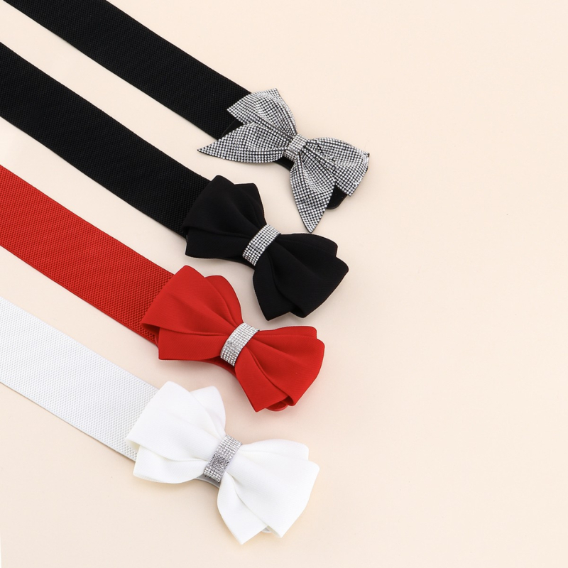 Centură de talie elastică cu fundă și cristale, material tricotat, stil lejer, design coreean