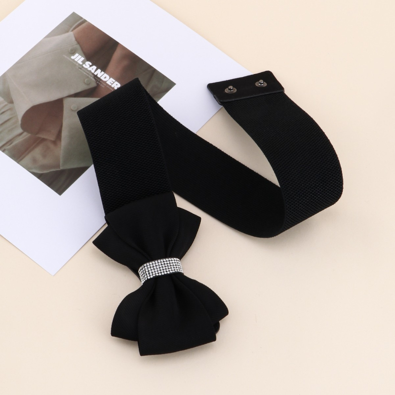 Centură de talie elastică cu fundă și cristale, material tricotat, stil lejer, design coreean