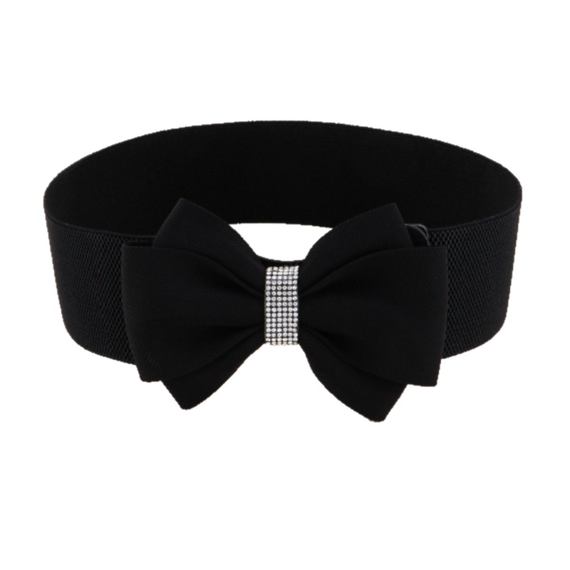 Centură de talie elastică cu fundă și cristale, material tricotat, stil lejer, design coreean