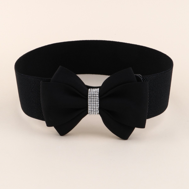 Centură de talie elastică cu fundă și cristale, material tricotat, stil lejer, design coreean