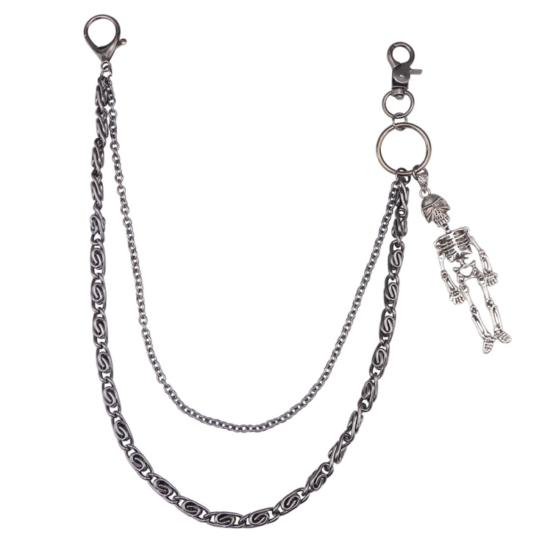 Metalni kaišni lanac s privjeskom lubanje, dvostruki sloj dizajn, unisex, gradski punk hip-hop stil, jesen 2024