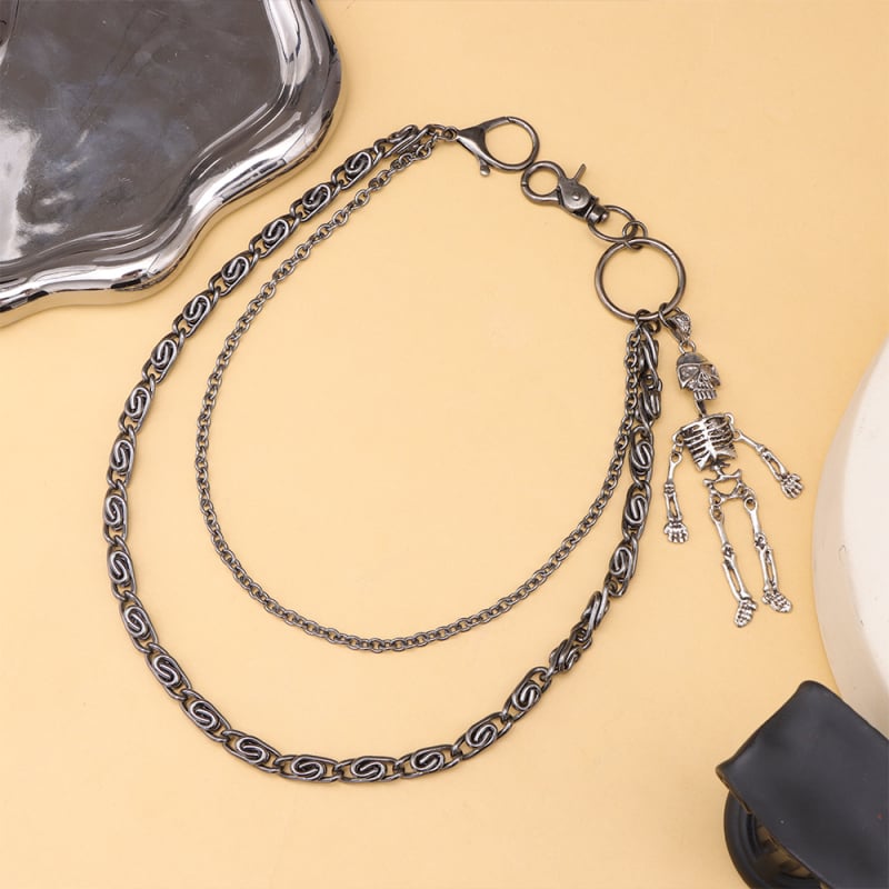 Metalni kaišni lanac s privjeskom lubanje, dvostruki sloj dizajn, unisex, gradski punk hip-hop stil, jesen 2024