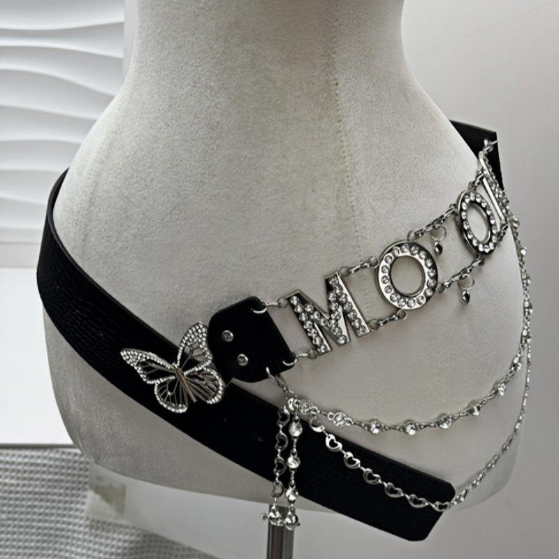 DIA Y2K derékszalag lánc strassz kövekkel, PU bőr derékszíj, ötvözet csattal, gombos zárás, 2022 ősz, Yiwu eredet