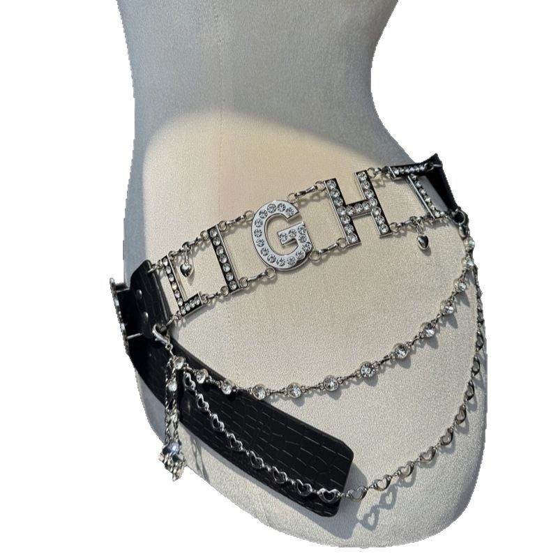 DIA Y2K derékszalag lánc strassz kövekkel, PU bőr derékszíj, ötvözet csattal, gombos zárás, 2022 ősz, Yiwu eredet