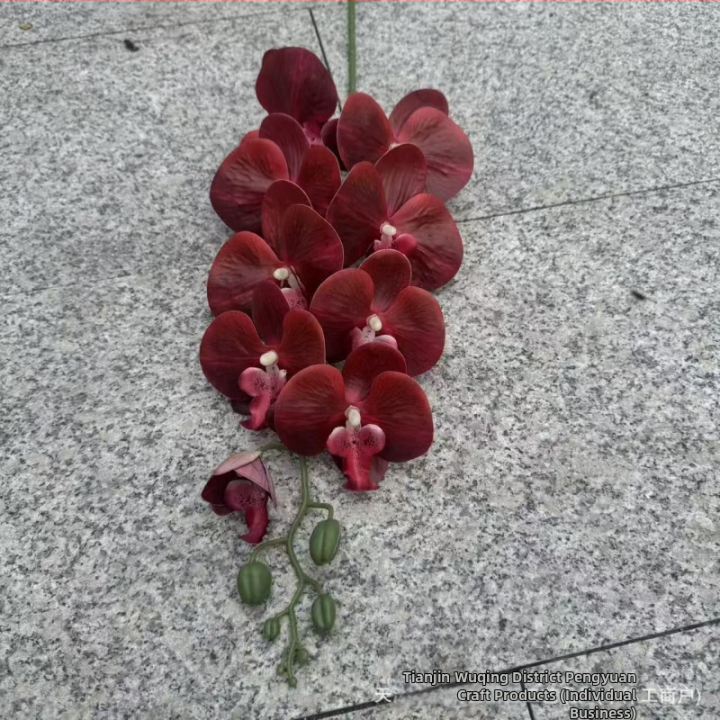 9-hlavá Phalaenopsis umelá kvetina s 3D tlačenou textúrou, materiály: plast, hodváb; na svadobnú dekoráciu, aranžovanie kvetov, domová dekorácia