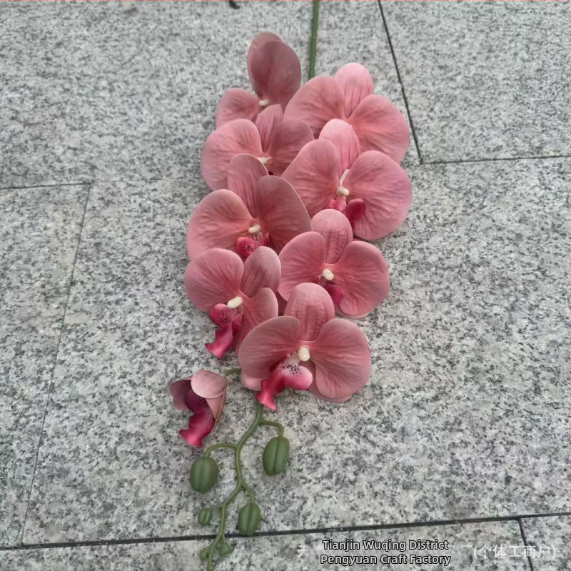 9-hlavá Phalaenopsis umelá kvetina s 3D tlačenou textúrou, materiály: plast, hodváb; na svadobnú dekoráciu, aranžovanie kvetov, domová dekorácia