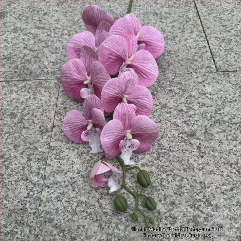 9-hlavá Phalaenopsis umelá kvetina s 3D tlačenou textúrou, materiály: plast, hodváb; na svadobnú dekoráciu, aranžovanie kvetov, domová dekorácia