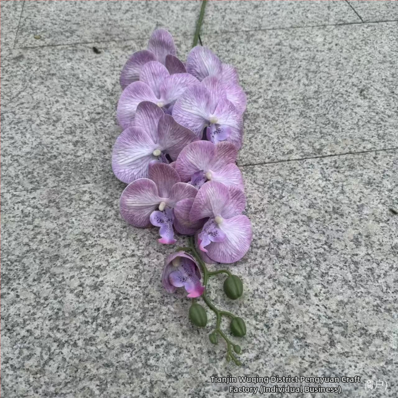 9-hlavá Phalaenopsis umelá kvetina s 3D tlačenou textúrou, materiály: plast, hodváb; na svadobnú dekoráciu, aranžovanie kvetov, domová dekorácia