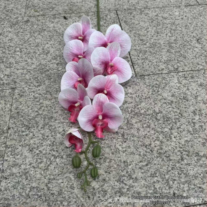 9-hlavá Phalaenopsis umelá kvetina s 3D tlačenou textúrou, materiály: plast, hodváb; na svadobnú dekoráciu, aranžovanie kvetov, domová dekorácia