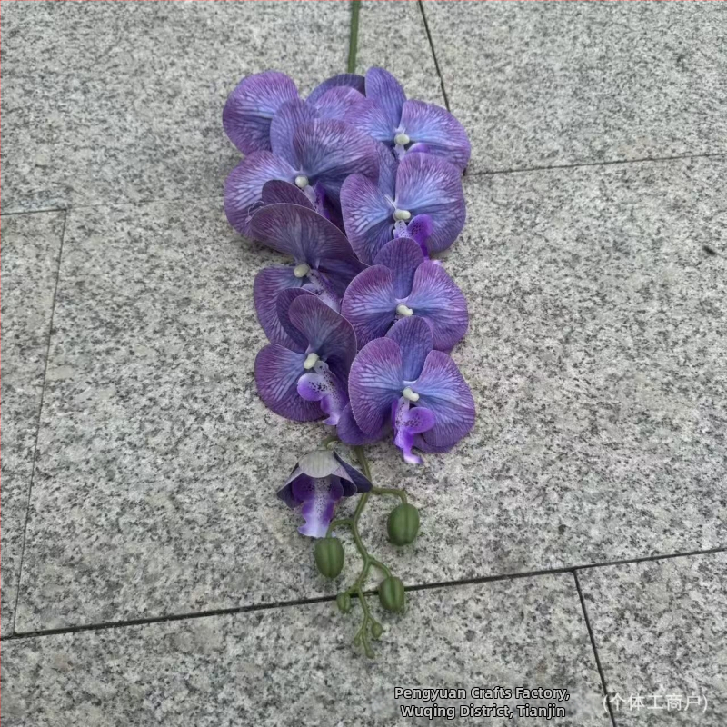 9-hlavá Phalaenopsis umelá kvetina s 3D tlačenou textúrou, materiály: plast, hodváb; na svadobnú dekoráciu, aranžovanie kvetov, domová dekorácia