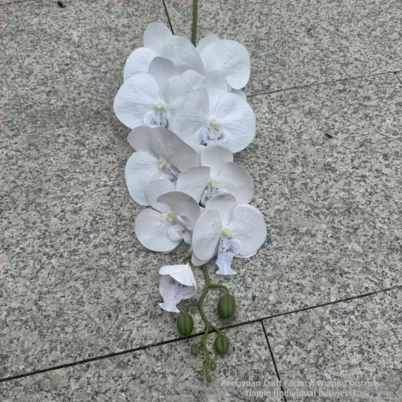 9-hlavá Phalaenopsis umelá kvetina s 3D tlačenou textúrou, materiály: plast, hodváb; na svadobnú dekoráciu, aranžovanie kvetov, domová dekorácia