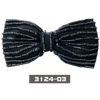 Férfi csokornyakkendő kristályos hímzés és gyöngycső részlettel; pillangó motívum; csíkos mintázat; lapos fejű; uniszex