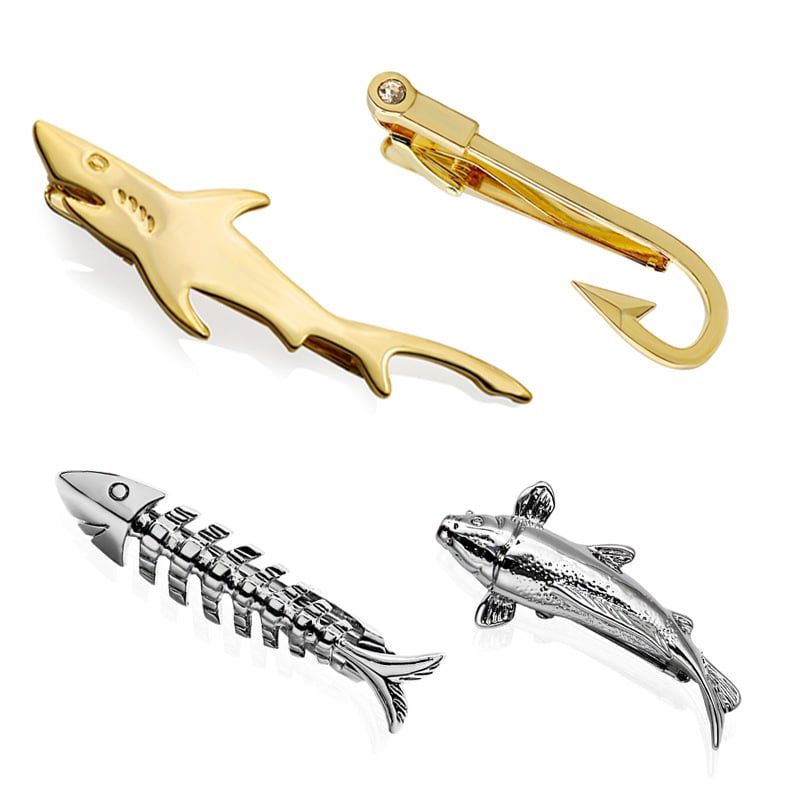 Férfi nyakkendőkapocs hal motívummal, réz anyag, elektroplatírozott bevonat