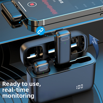 K6 bezvadu lavalier mikrofona uztvērējs mobilajām ierīcēm, Bluetooth 5.3, 20Hz–20kHz, SNR ≥70dB, iebūvētā 300–500mAh baterija, līdz 12 stundām darbībā