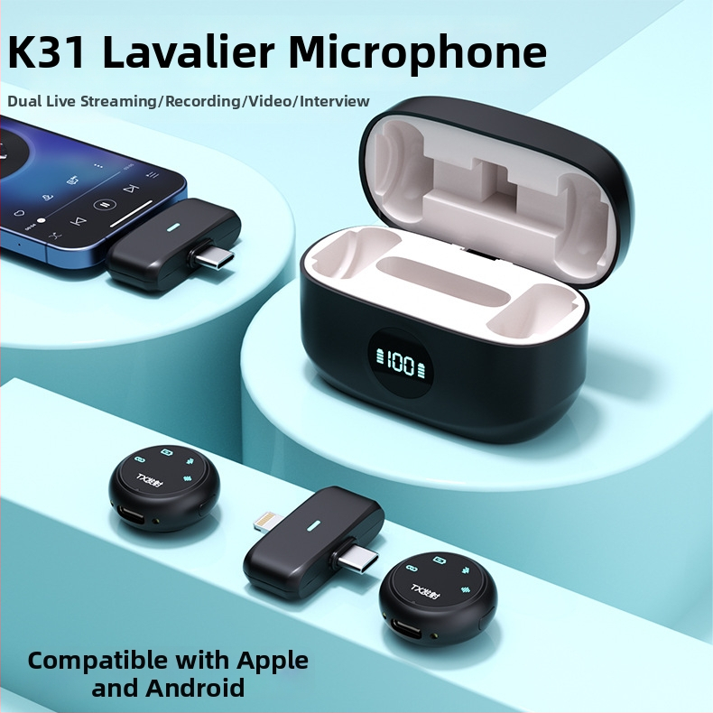 K31 lavalier mikrofons ar klipu - iebūvēta baterija 300-500 mAh, Bluetooth 5.2, frekvenču diapazons 20 Hz-20 kHz, SNR ≥75 dB, darbības laiks 3-6 h