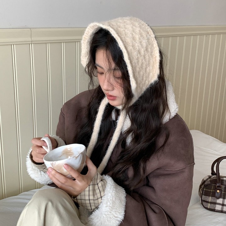 Knit kapa s zaštitom za uši – vunena mješavina, korejski stil, jednobojna, topla za zimu