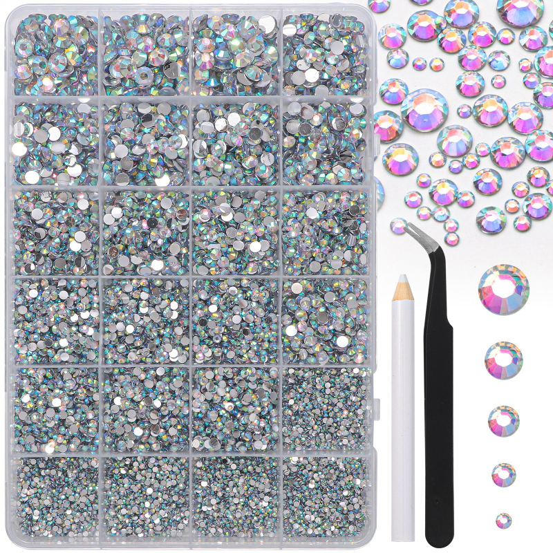 DIY készlet gyanta gyémántokkal, 24 rács AB, lapos hátú kövek körmök és ruhákhoz, csipesz és toll