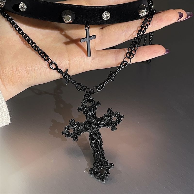 Choker kaelakee tsinki sulamist geomeetrilise ristiga ripatsiga, mitmekihiline, tavalise ahelaga