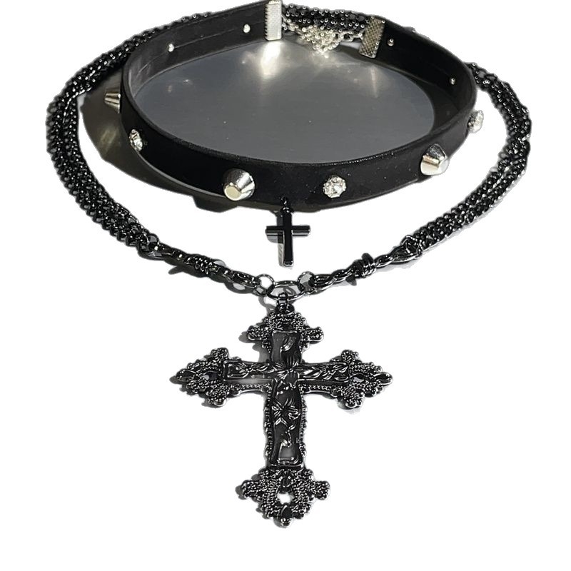 Choker kaelakee tsinki sulamist geomeetrilise ristiga ripatsiga, mitmekihiline, tavalise ahelaga