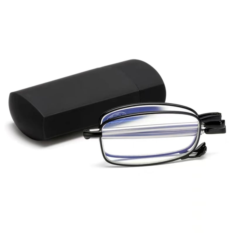 Γυαλιά ανάγνωσης με τηλεσκοπικούς πτυσσόμενους βραχίονες, αντι‑μπλε φως, πρεσβυοπικά, με μεταλλικό πλήρες σκελετό, με δερμάτινη θήκη και μπρελόκ