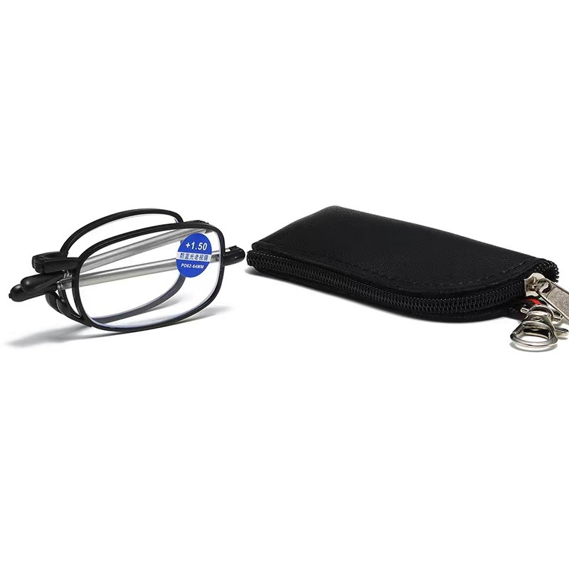 Γυαλιά ανάγνωσης με τηλεσκοπικούς πτυσσόμενους βραχίονες, αντι‑μπλε φως, πρεσβυοπικά, με μεταλλικό πλήρες σκελετό, με δερμάτινη θήκη και μπρελόκ