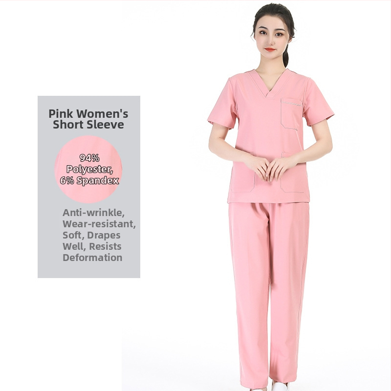 Unisex medicīnisko scrubu komplekts - īsās piedurknes, V kakls, mitrumu vadījošs poliestera-spandeksa audums, 95% poliestera