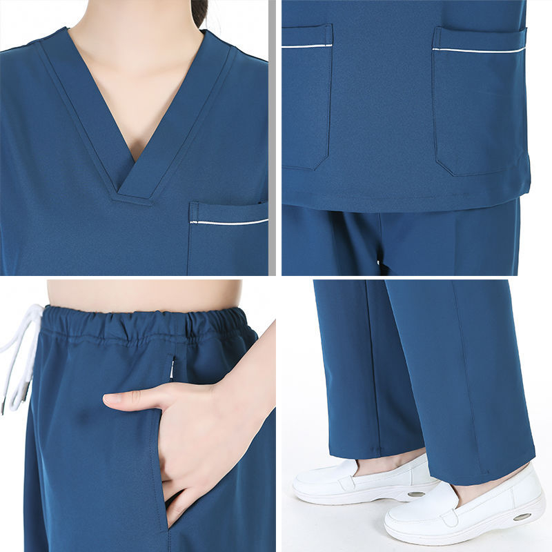 Unisex medicīnas scrubs komplekts ar mitrumu vadājošu poliestera-elastāna audumu, īsām piedurknēm, V-veida kakla izgriezums, tops ar biksēm, visu sezonu