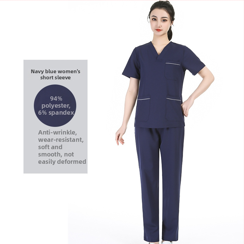 Unisex medicīnas scrubs komplekts ar mitrumu vadājošu poliestera-elastāna audumu, īsām piedurknēm, V-veida kakla izgriezums, tops ar biksēm, visu sezonu