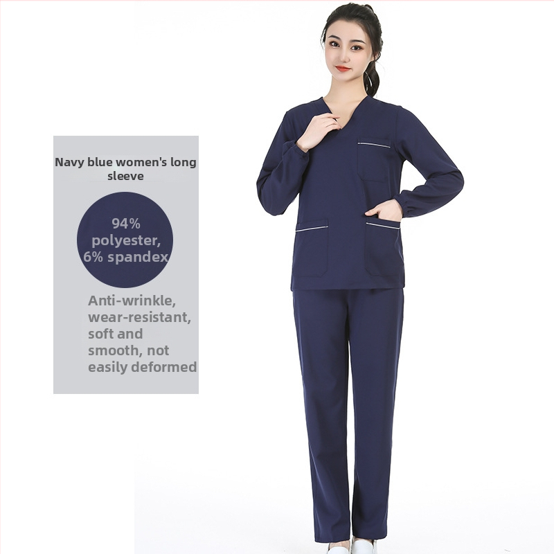 Unisex medicīnas scrubs komplekts ar mitrumu vadājošu poliestera-elastāna audumu, īsām piedurknēm, V-veida kakla izgriezums, tops ar biksēm, visu sezonu