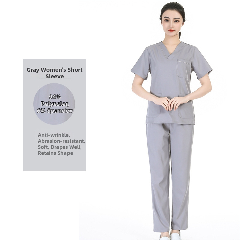Unisex medicīnas scrubs komplekts ar mitrumu vadājošu poliestera-elastāna audumu, īsām piedurknēm, V-veida kakla izgriezums, tops ar biksēm, visu sezonu