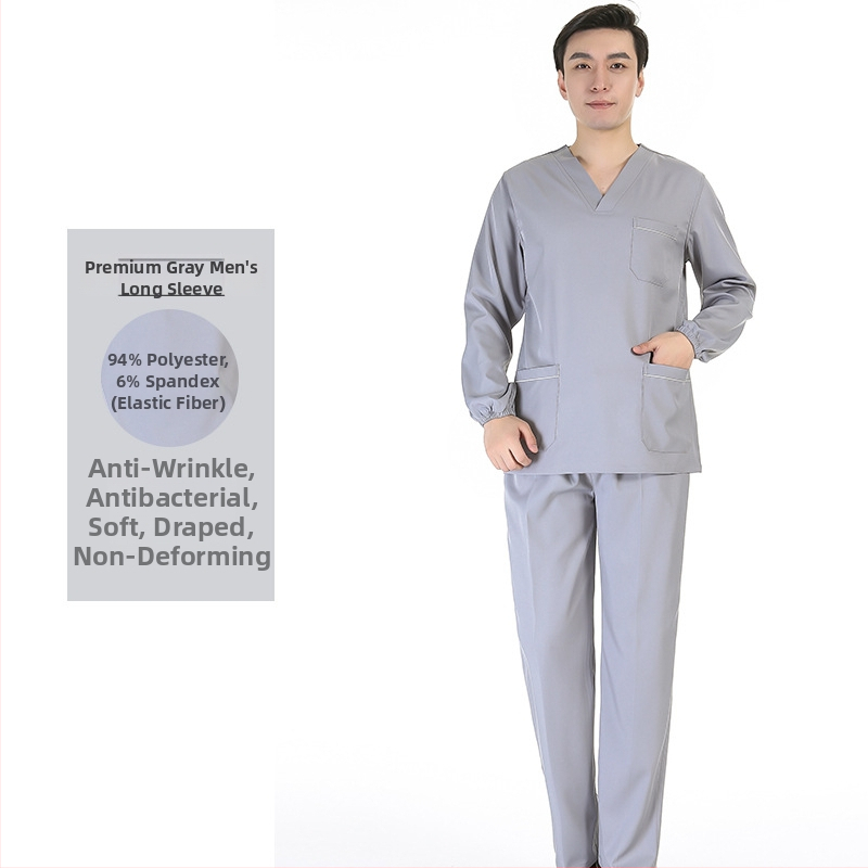 Unisex medicīnas scrubs komplekts ar mitrumu vadājošu poliestera-elastāna audumu, īsām piedurknēm, V-veida kakla izgriezums, tops ar biksēm, visu sezonu