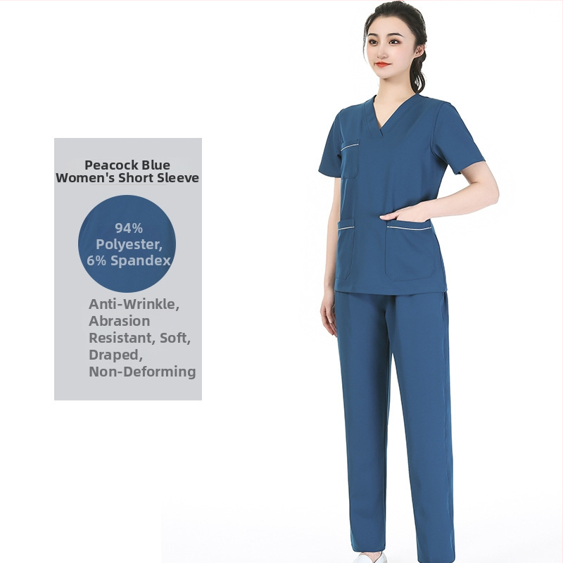 Unisex medicīnas scrubs komplekts ar mitrumu vadājošu poliestera-elastāna audumu, īsām piedurknēm, V-veida kakla izgriezums, tops ar biksēm, visu sezonu