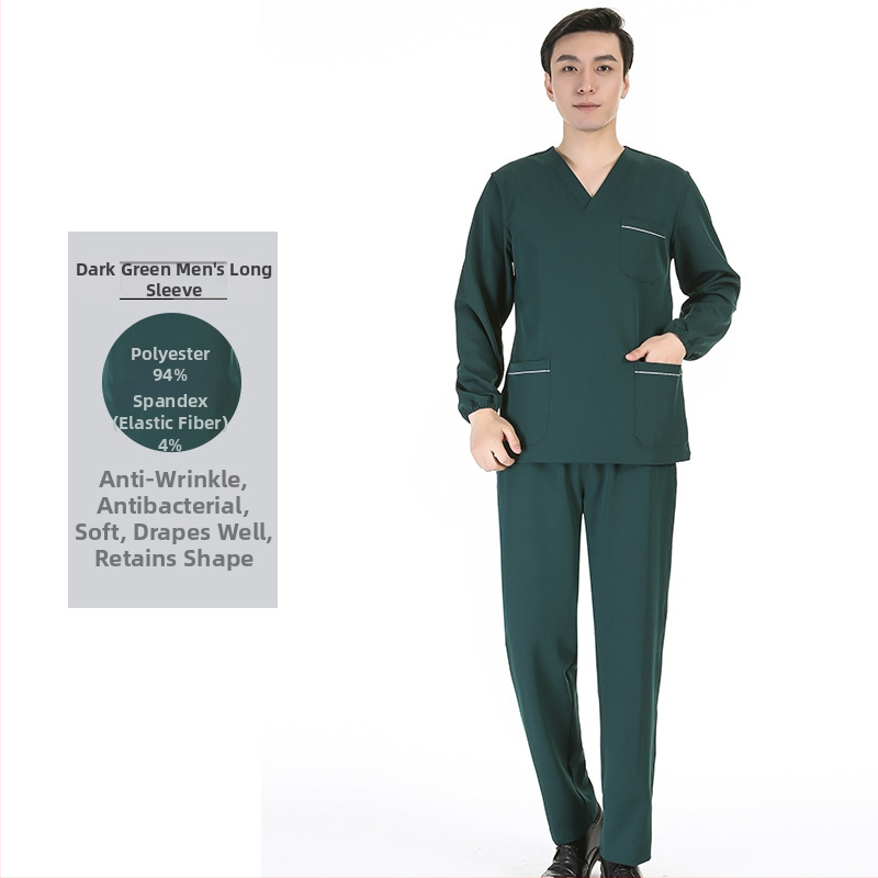 Unisex medicīnas scrubs komplekts ar mitrumu vadājošu poliestera-elastāna audumu, īsām piedurknēm, V-veida kakla izgriezums, tops ar biksēm, visu sezonu