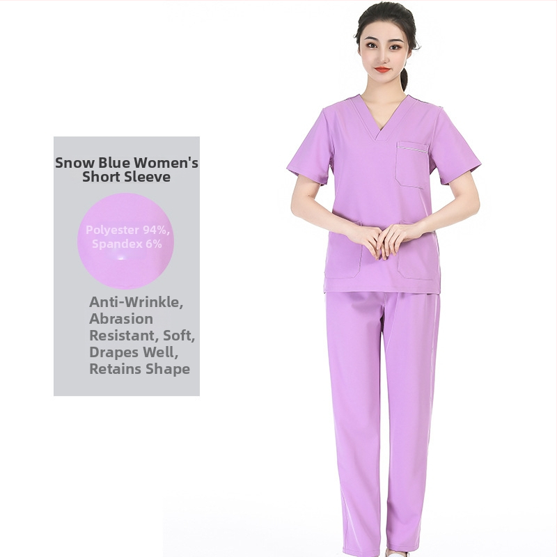 Unisex medicīnas scrubs komplekts ar mitrumu vadājošu poliestera-elastāna audumu, īsām piedurknēm, V-veida kakla izgriezums, tops ar biksēm, visu sezonu