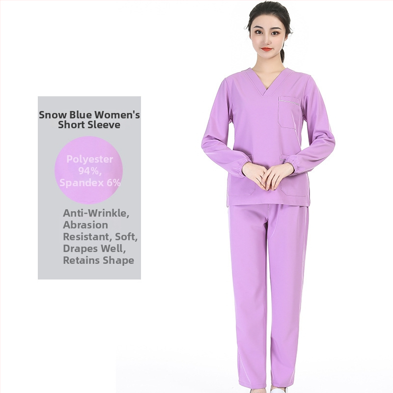 Unisex medicīnas scrubs komplekts ar mitrumu vadājošu poliestera-elastāna audumu, īsām piedurknēm, V-veida kakla izgriezums, tops ar biksēm, visu sezonu