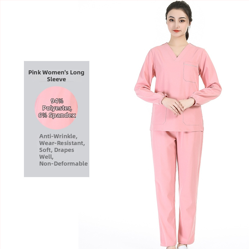 Unisex medicīnas scrubs komplekts ar mitrumu vadājošu poliestera-elastāna audumu, īsām piedurknēm, V-veida kakla izgriezums, tops ar biksēm, visu sezonu