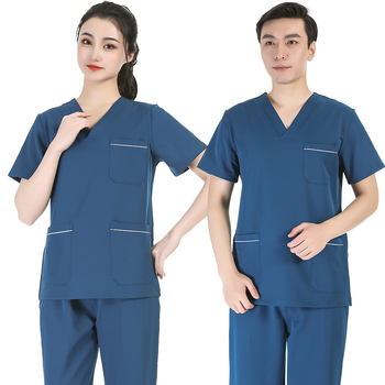 Unisex medicīnas scrubs komplekts – īsas piedurknes, V kakls, mitrumu vadīšana, poliestera-elastāna audums, tops un bikses