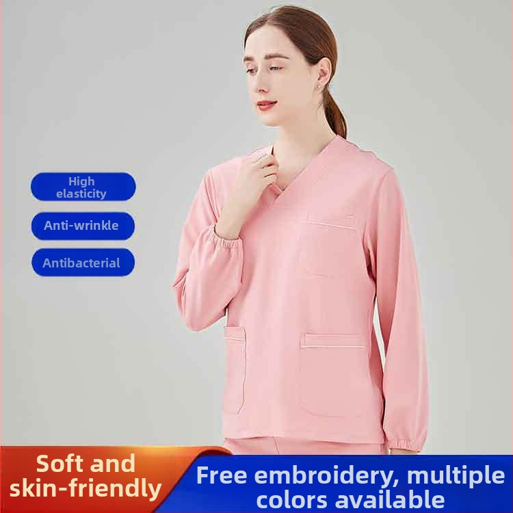 Unisex medicīnas scrubs komplekts – īsas piedurknes, V kakls, mitrumu vadīšana, poliestera-elastāna audums, tops un bikses