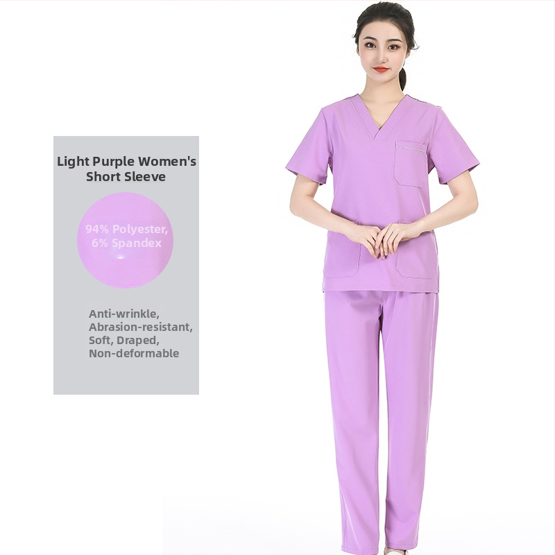 Unisex medicīnas scrubs komplekts – īsas piedurknes, V kakls, mitrumu vadīšana, poliestera-elastāna audums, tops un bikses